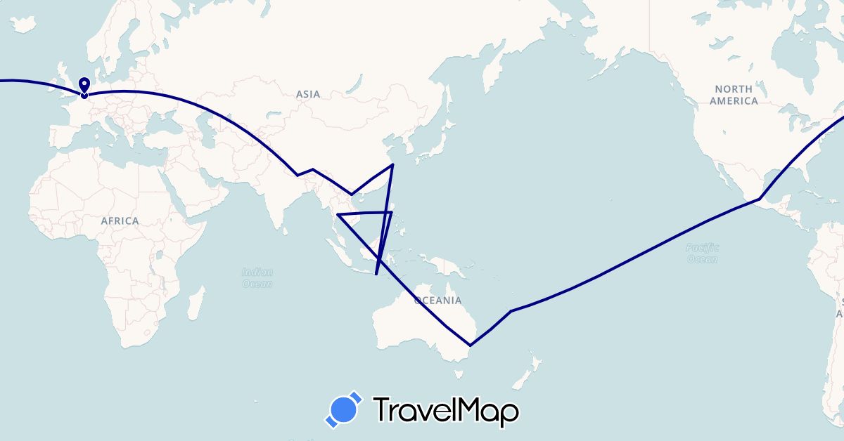 TravelMap itinerary: driving in Australia, Belgium, China, Indonesia, Mexico, New Caledonia, Nepal, Philippines, Thailand, Vietnam (Asia, Europe, North America, Oceania)