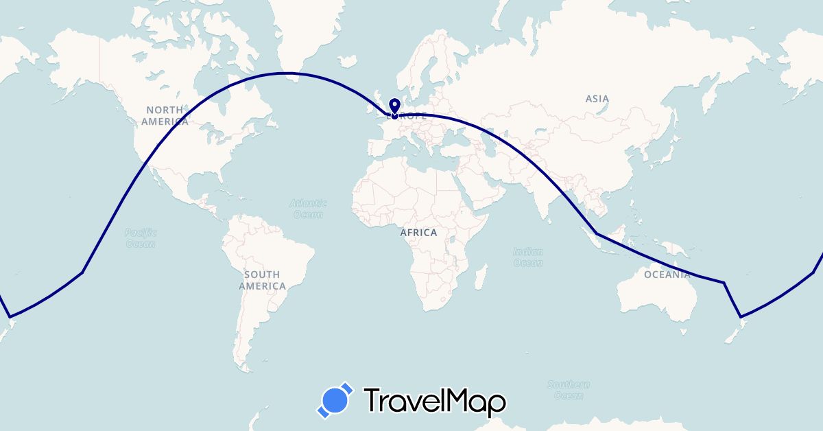TravelMap itinerary: driving in Belgium, United Kingdom, New Caledonia, New Zealand, United States (Europe, North America, Oceania)